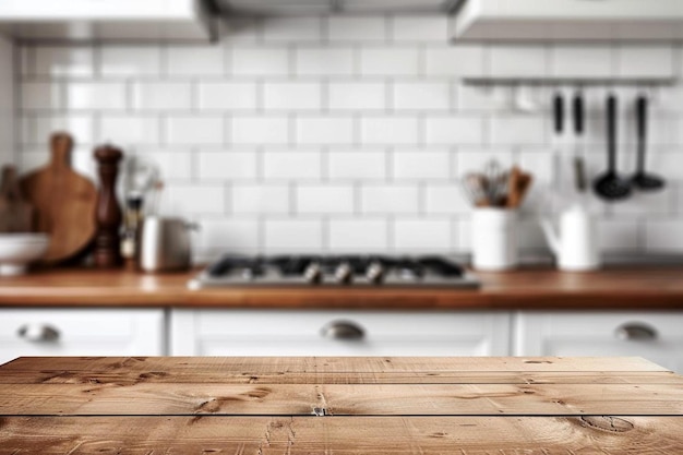 Wooden board empty table blurred background in big white kitchen