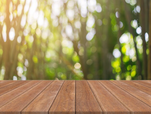 Wooden board empty table in front of blurred background