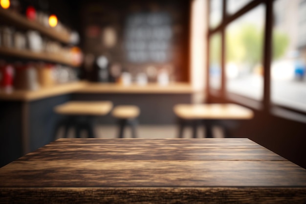 Wooden board empty table in front of blurred background