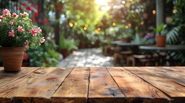 Wooden board empty table in front of blurred background