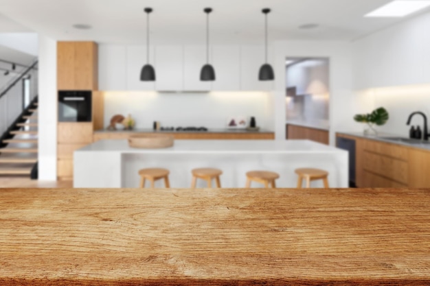 Wooden Board Empty Table For Products Display with Blurred Kitchen Background