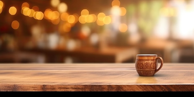 Wooden board empty Table Top And blur Interior over blur Background