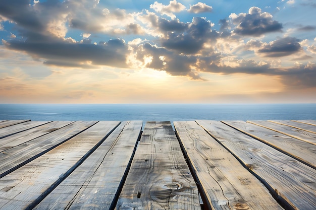 Wooden board empty table top blur sea sky background