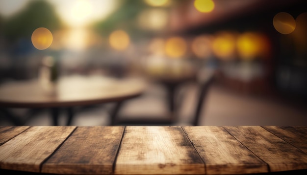 Wooden board empty table top on of blurred background Generative ai