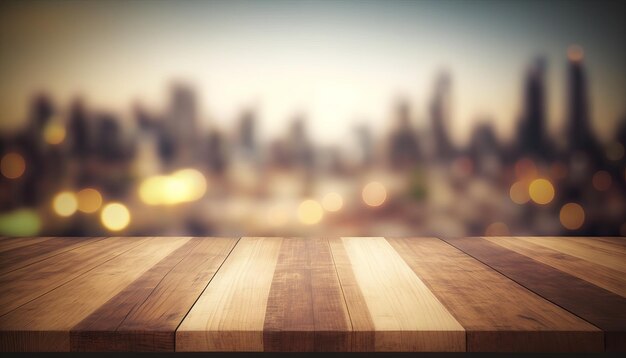 Wooden board empty table top blurred background perspective brown wood table over blur city building view backgroundGenerative ai