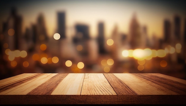 Wooden board empty table top blurred background perspective brown wood table over blur city building view backgroundGenerative ai