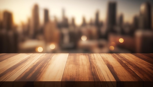 Wooden board empty table top blurred background perspective brown wood table over blur city building view backgroundGenerative ai