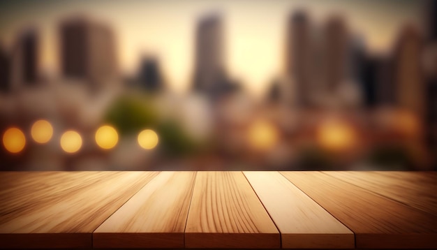 Wooden board empty table top blurred background perspective brown wood table over blur city building view backgroundGenerative ai