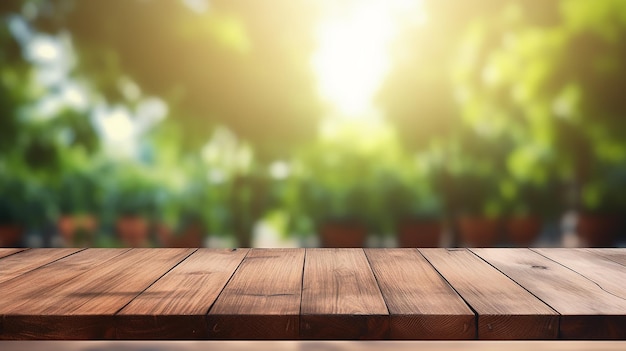 Wooden board empty table top on of blurred background Perspective brown wood table