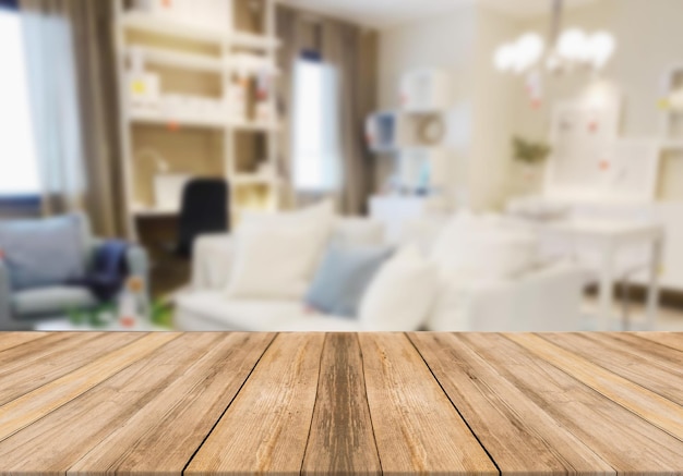 Wooden board empty table top on of blurred background