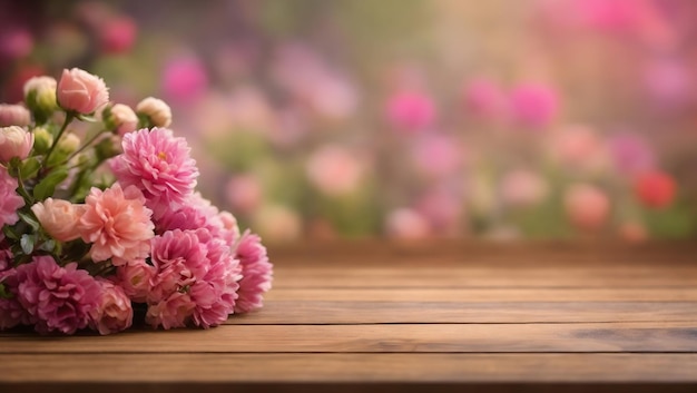 Wooden board empty table top on of blurred Flower background