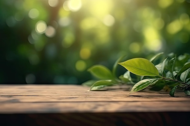 Wooden board empty table with blurred green leaf background