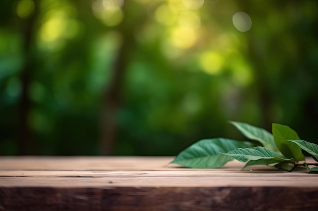 Wooden board empty table with blurred green leaf background