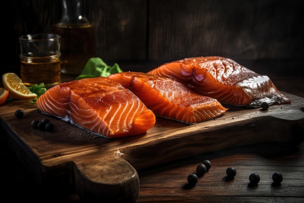 On a wooden board smoked salmon