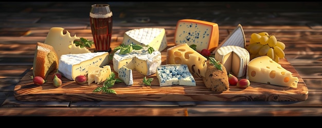 Photo wooden board with assorted cheeses 4k hyperrealistic photo