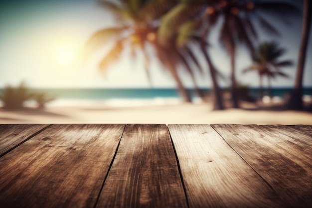 Wooden board with blur beach and sea