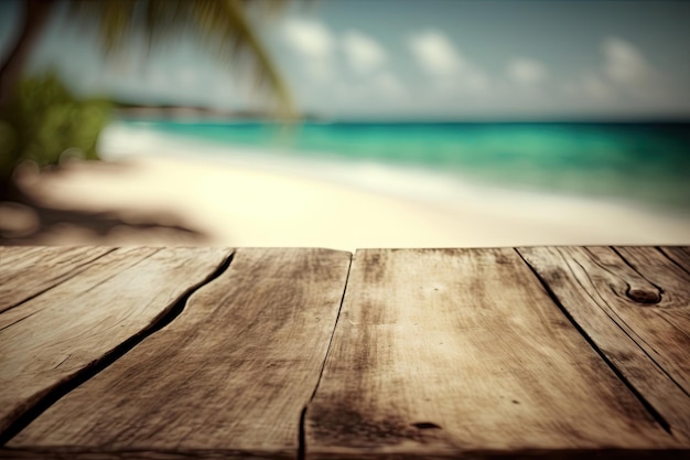 Wooden board with blur beach and sea