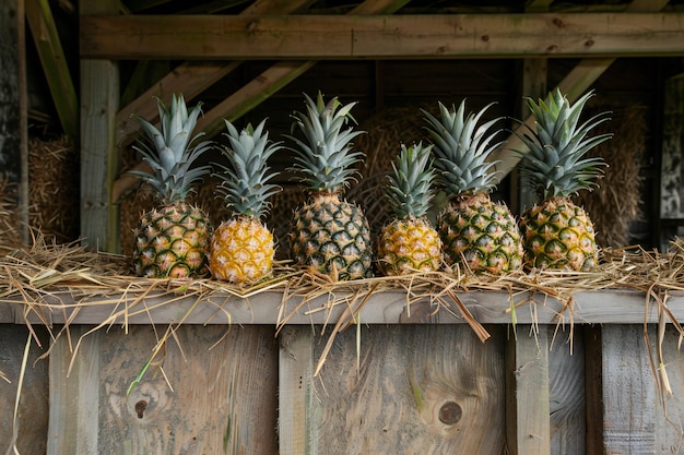 Photo a wooden board with a bunch of pineapples on it