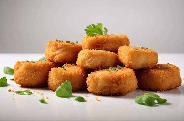 Wooden board with chicken nuggets isolated on white background