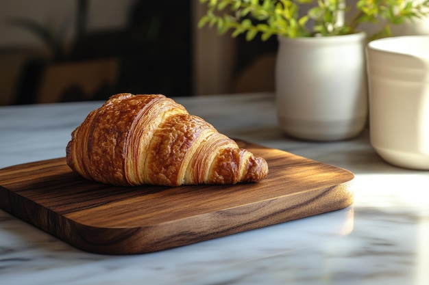 Wooden board with croissant on table