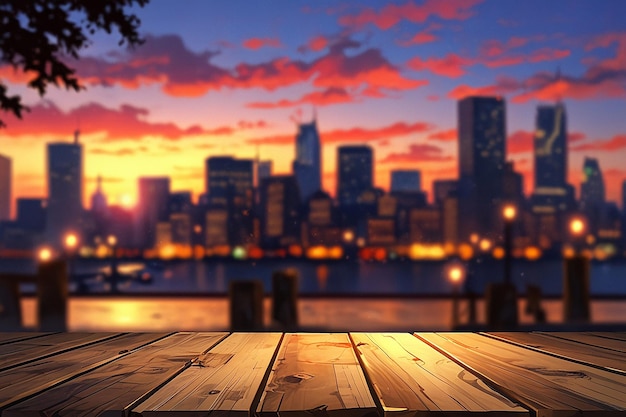 A wooden board with a defocused city skyline at sunset