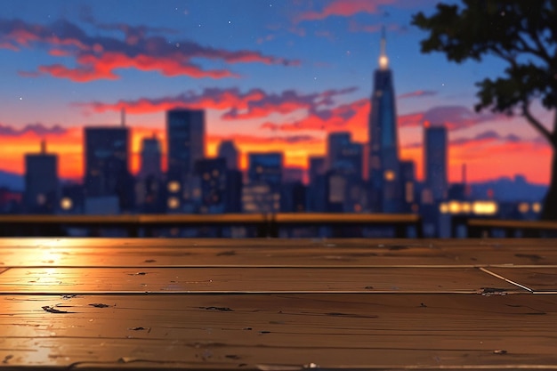 A wooden board with a defocused city skyline at sunset