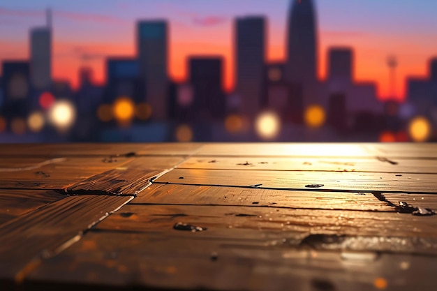 Photo a wooden board with a defocused city skyline at sunset