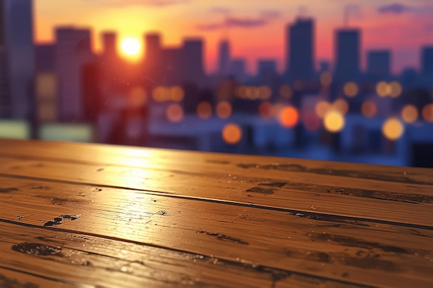 A wooden board with a defocused city skyline at sunset