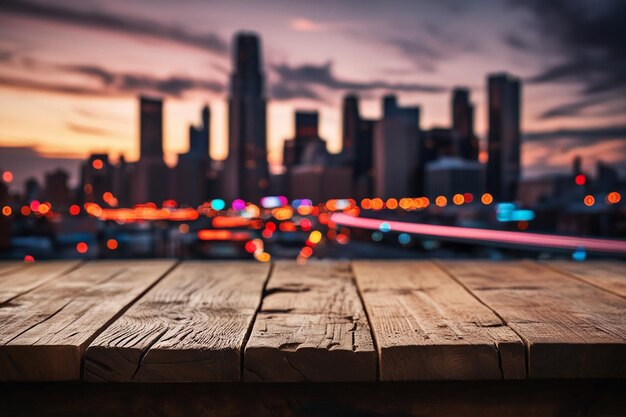 Photo a wooden board with a defocused city skyline at sunset