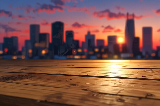 Photo a wooden board with a defocused city skyline at sunset