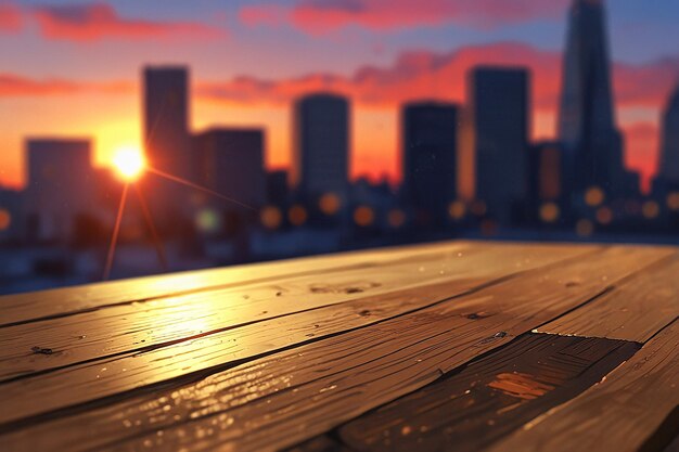 Photo a wooden board with a defocused city skyline at sunset