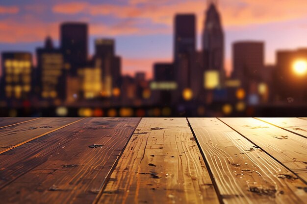 A wooden board with a defocused city skyline at sunset