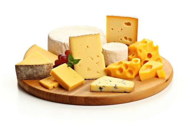 Wooden board with different types of cheese on a white background