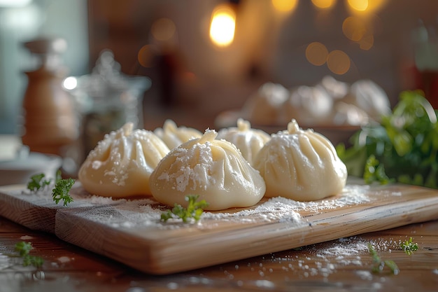 Photo a wooden board with dumplings on it and a blurry background