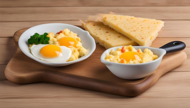 a wooden board with eggs and eggs on it and a bowl of eggs