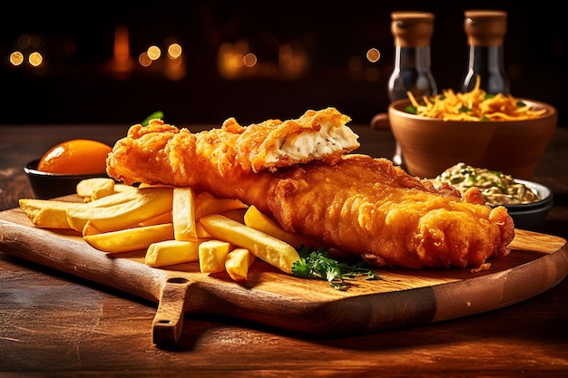 A wooden board with fish and chips on it with a bottle of ketchup in the background