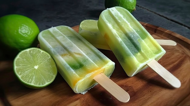 A wooden board with limes and limes on it