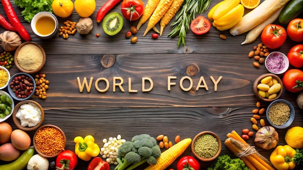 a wooden board with many different vegetables and the word world on it