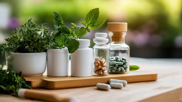 Photo a wooden board with plants and bottles of medicine on it