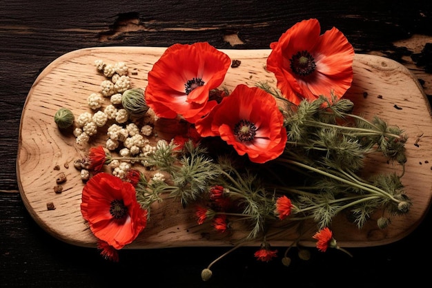 a wooden board with poppies and a bunch of green leaves on it.