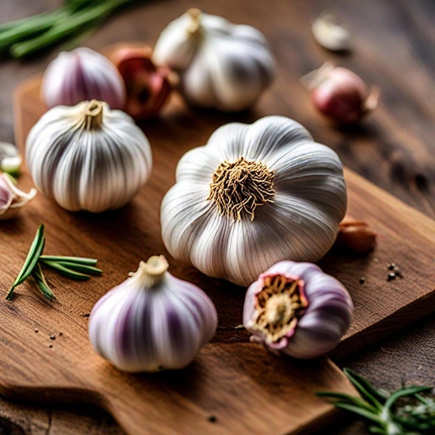 a wooden board with several onions on it and some flowers on it