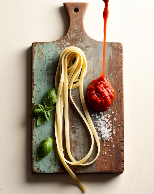 a wooden board with spaghetti and a red cherry on it