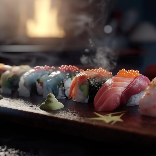 A wooden board with sushi on it and a small doll on it