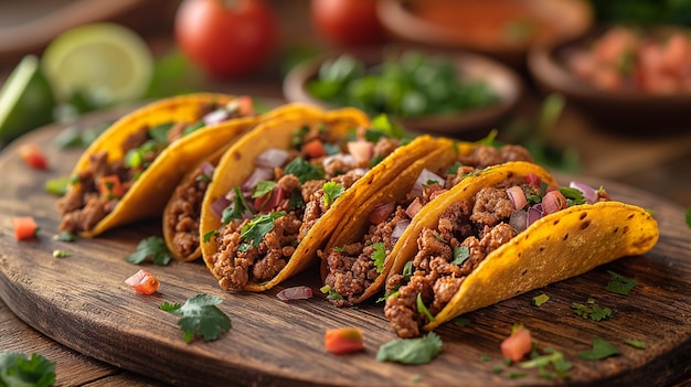 Photo a wooden board with taco and tomatoes on it