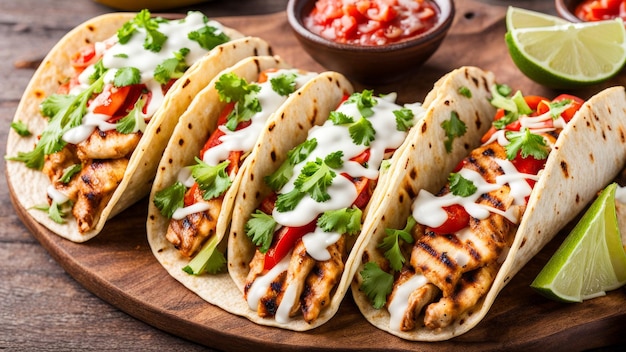 a wooden board with tacos and a side of salsa