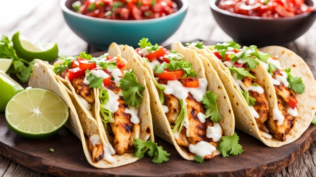 a wooden board with tacos and a variety of food on it