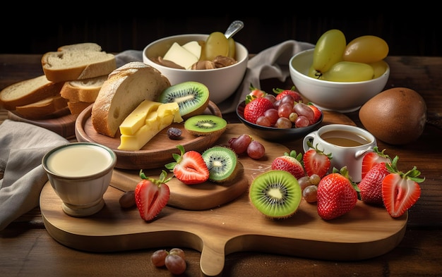 A wooden board with a variety of cheeses and fruit on it.