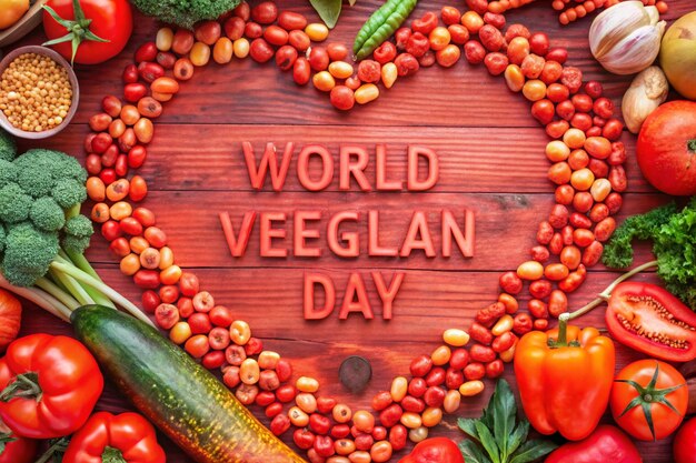 Photo a wooden board with vegetables and a heart shaped sign that says world vegan