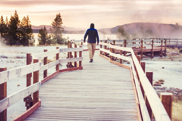 Wooden boardwalk along geyser fields  in Yellowstone National Park, USA