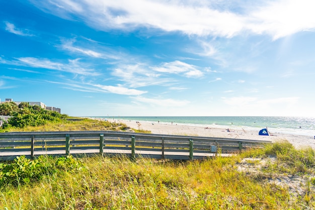 Wooden Boardwalk to Indian rocks beach in Florida, USA